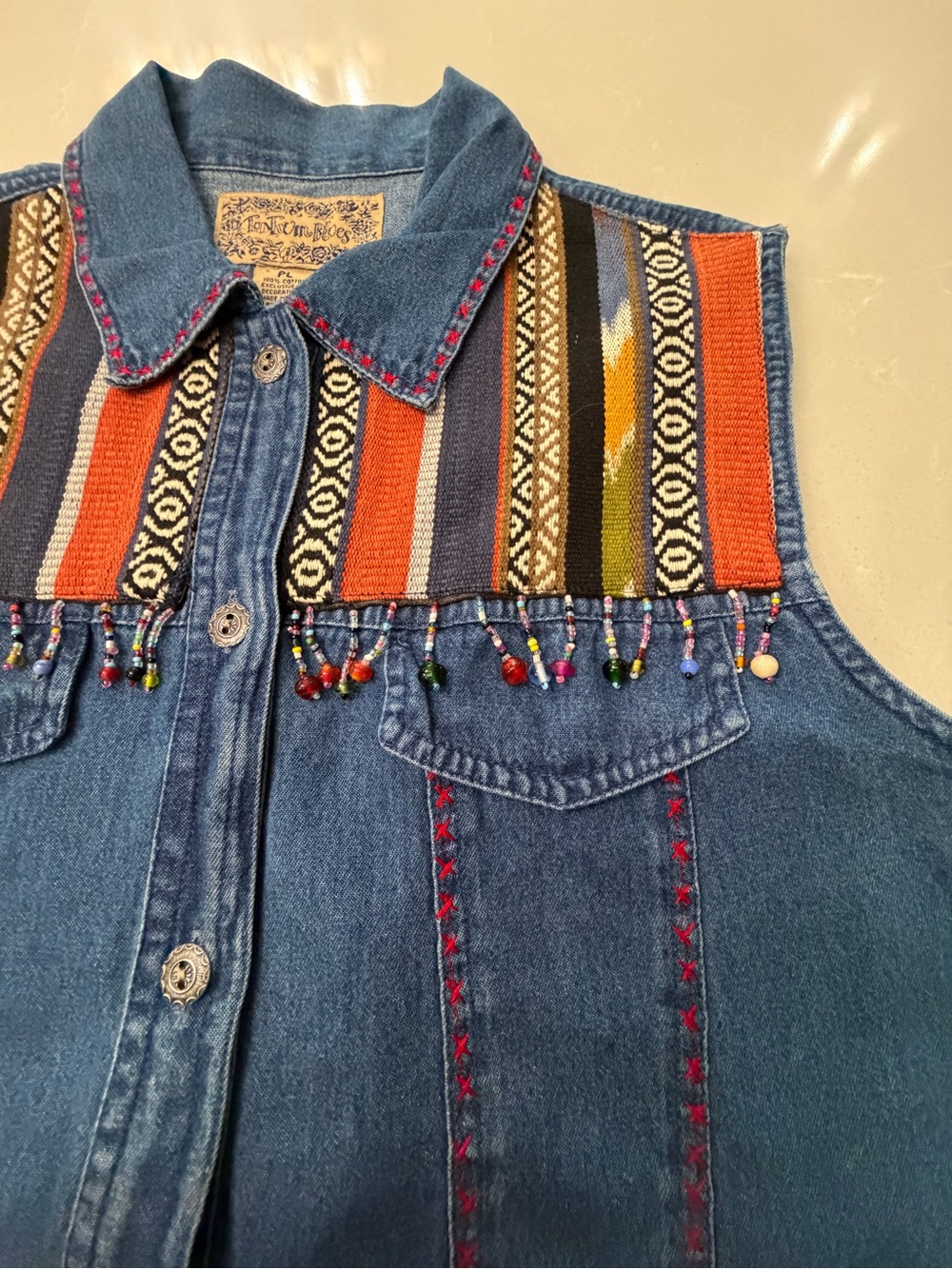 Vintage Southwestern Tantrum Blues Denim Beaded Vest w/ Multicolor Aztec Yoke PL - Picture 8 of 16